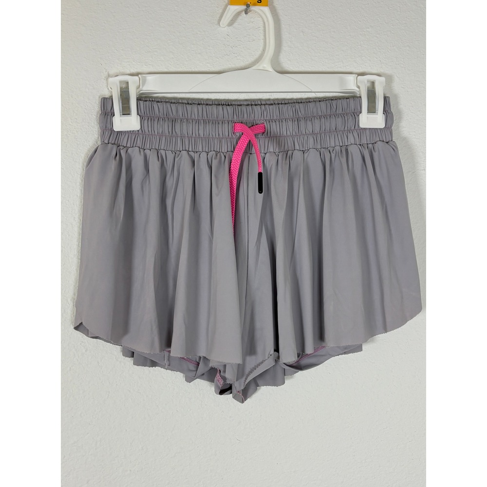 Athletic Flowy Shorts Gray Pink Drawstring Double Layer Running Skirt Small